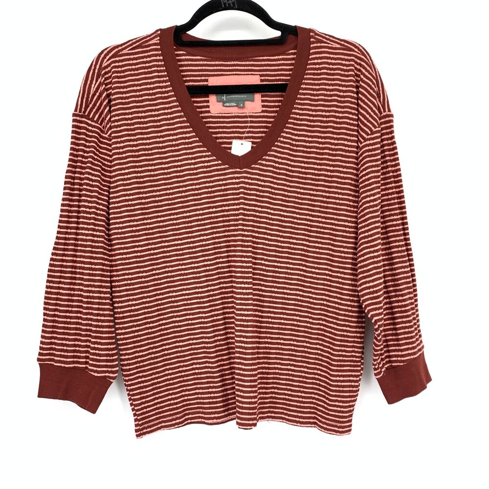 By Anthropologie Hannah Striped 3/4 Sleeve Top Womens Size Medium Pink Red NEW